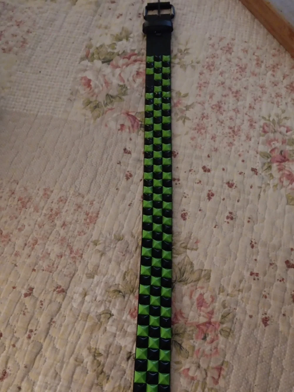 Black Leather Studded Belt with Green Pyramid Studs - Hot Topic